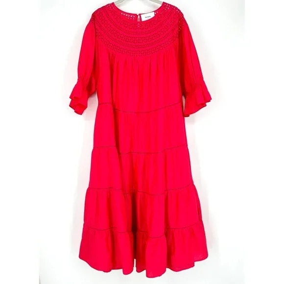 Merlette NY Paradis Eyelet Tiered Midi Dress Sz XXL Pink 100% Cotton Puff Sleeve